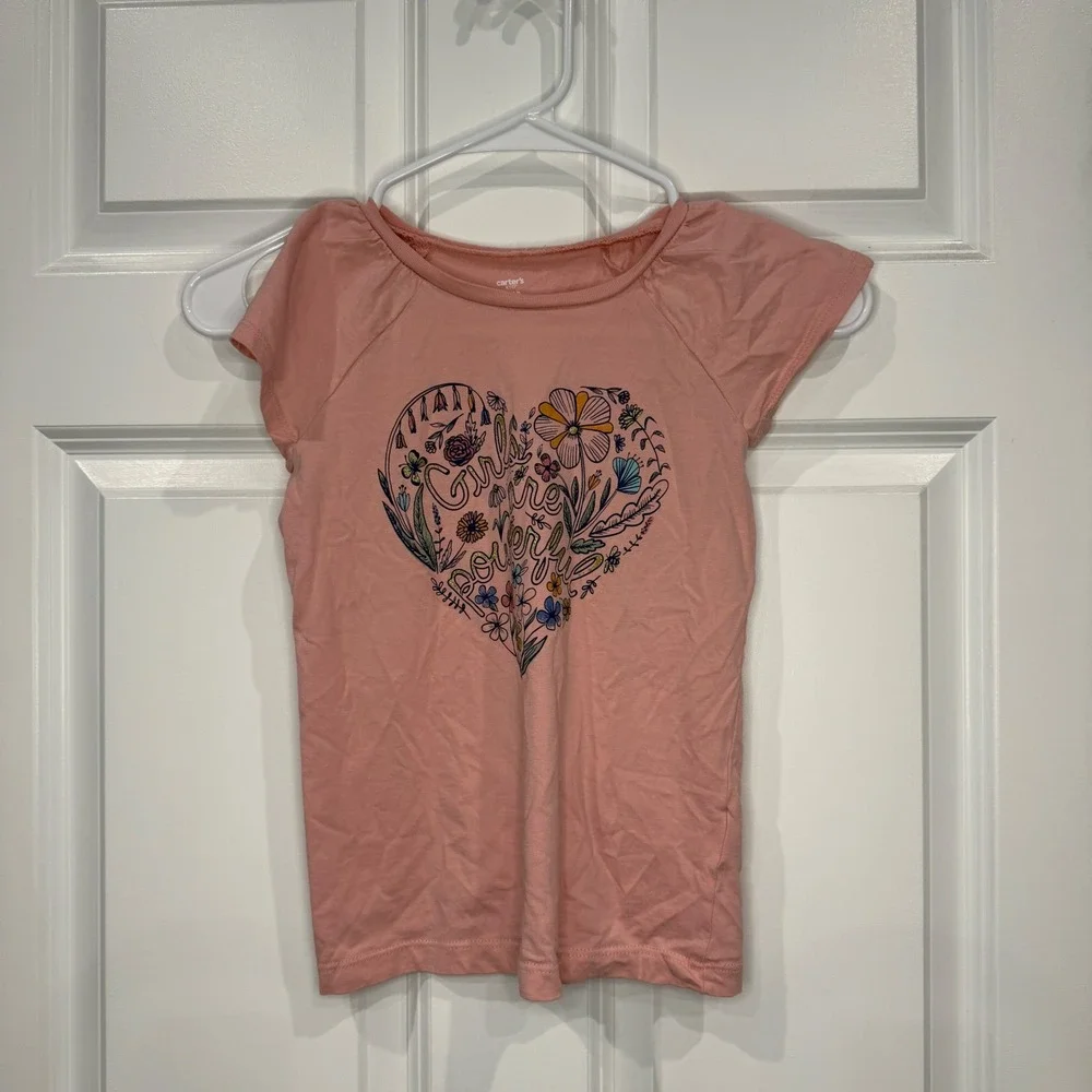Carters Kid Girls‎ Pink Girls Are Powerful Floral Heart Graphic Tee Shirt Size 7